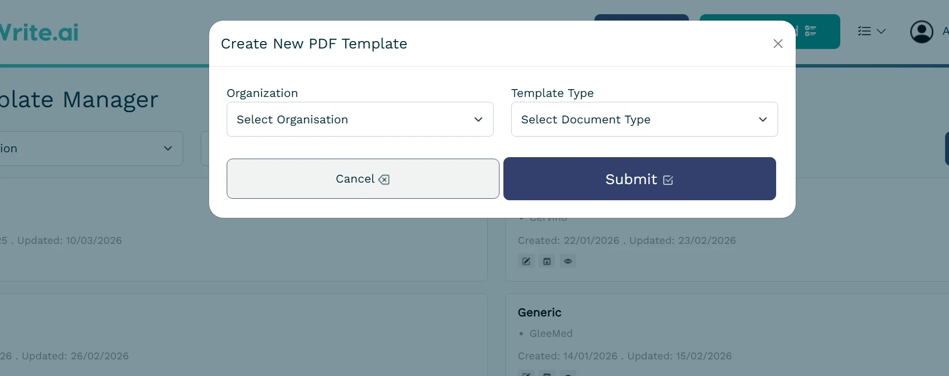 Select Organisation and Template Type in popup