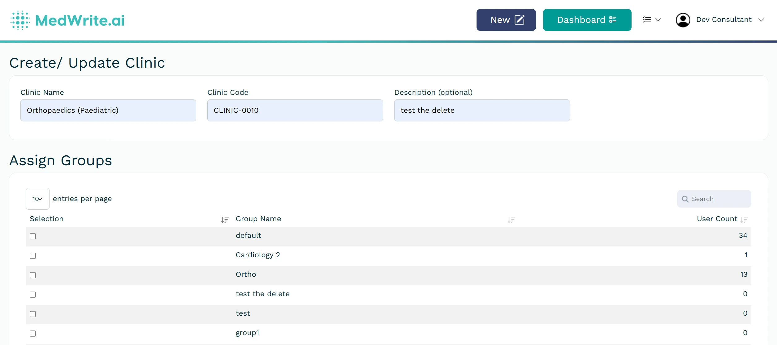 Create clinic form or organisation settings