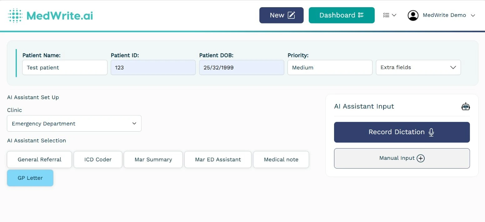 Create letter screen showing patient details, assistant selection, and AI Assistant Input (record or manual)