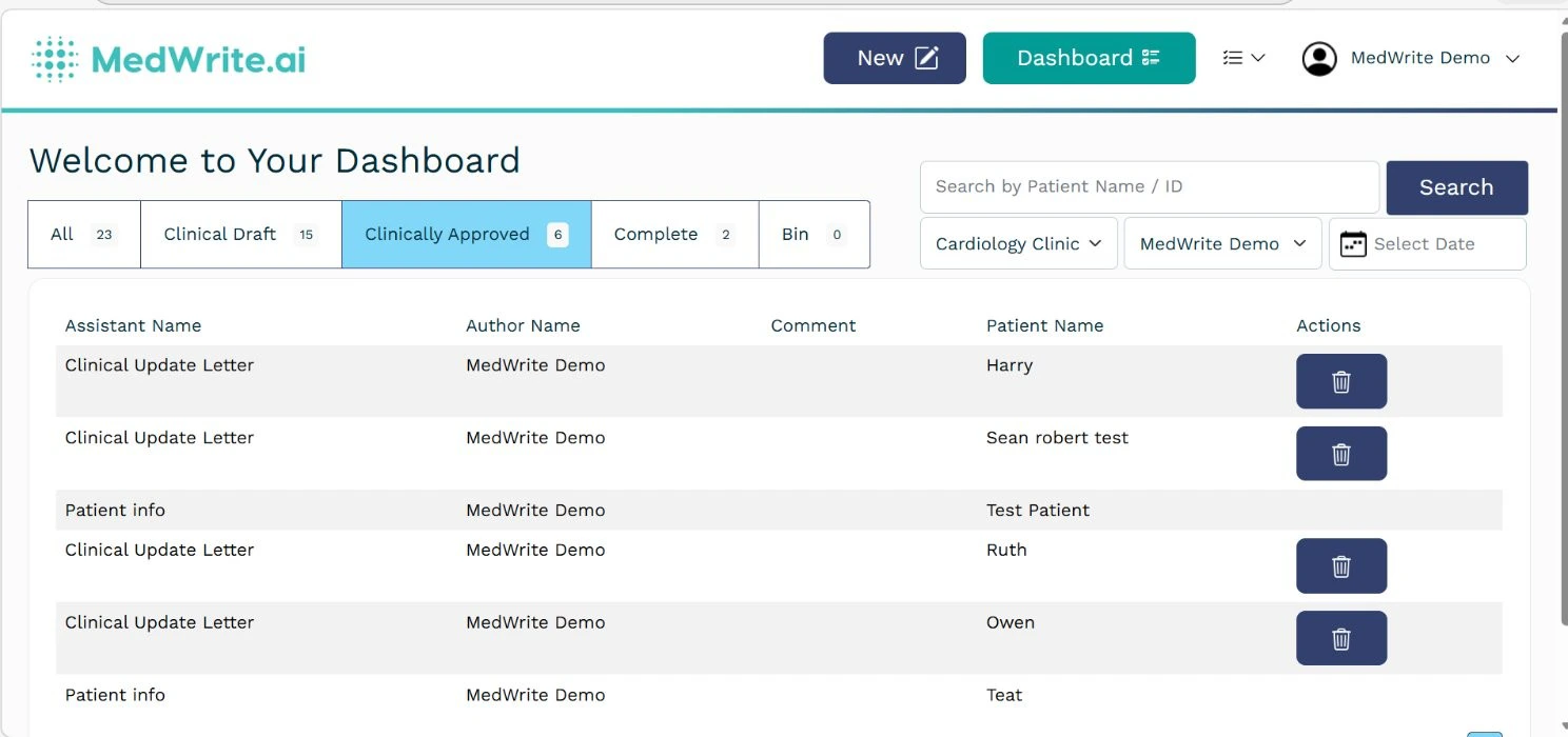MedWrite dashboard with the New button to create a record