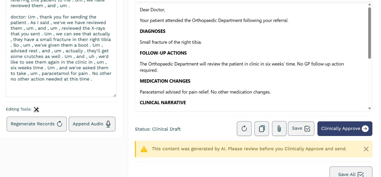 Clinically approve button on the letter page