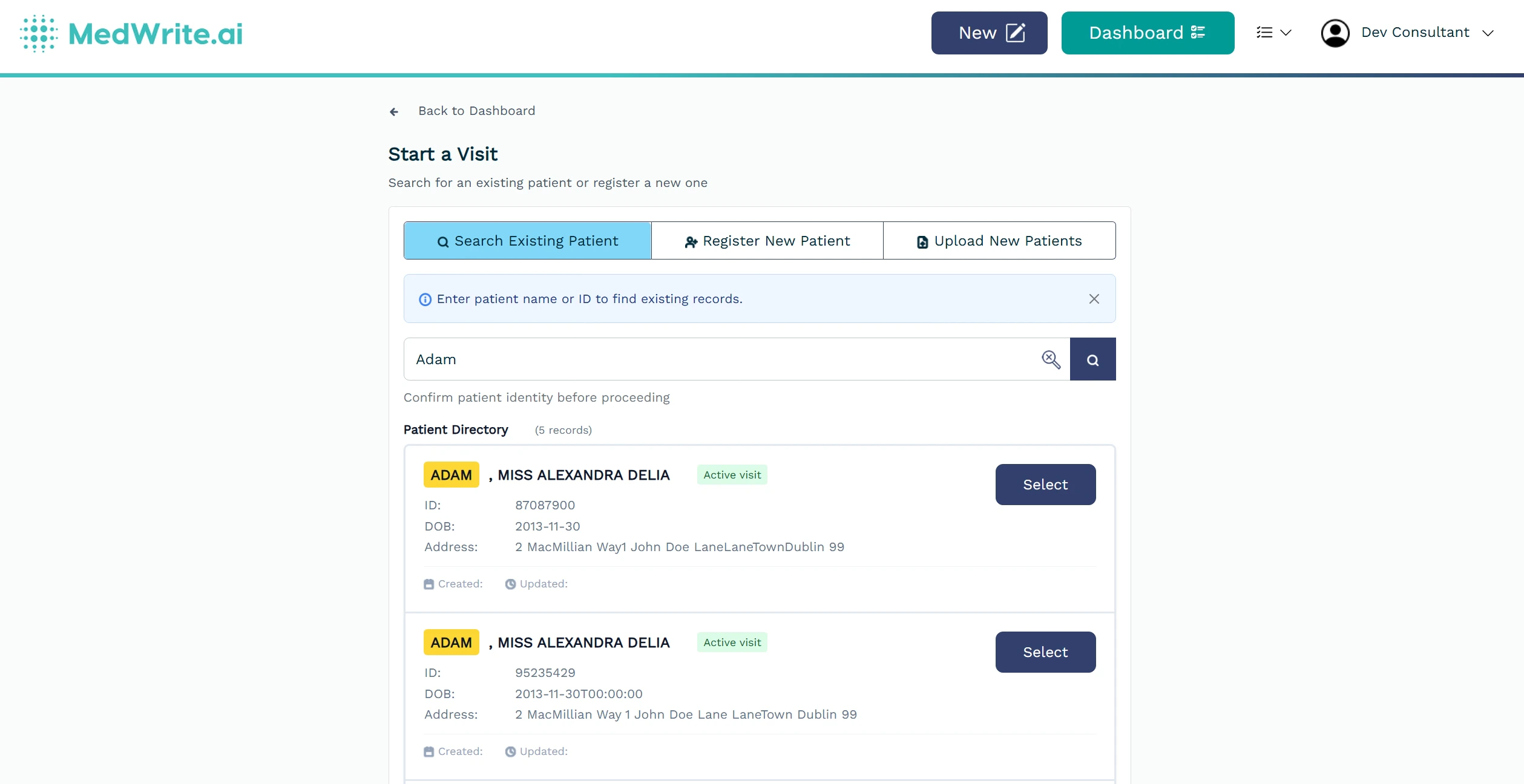 Patient search field or search results