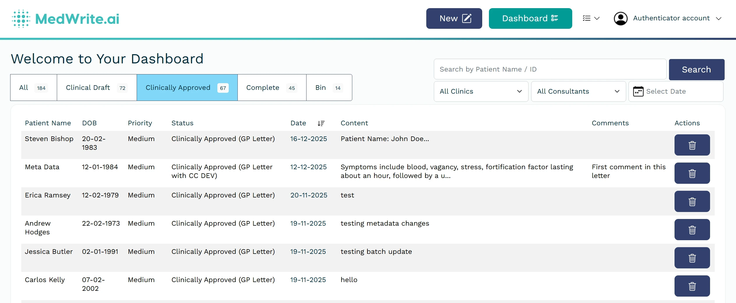 Clinically approved tab on the dashboard with approved letters listed