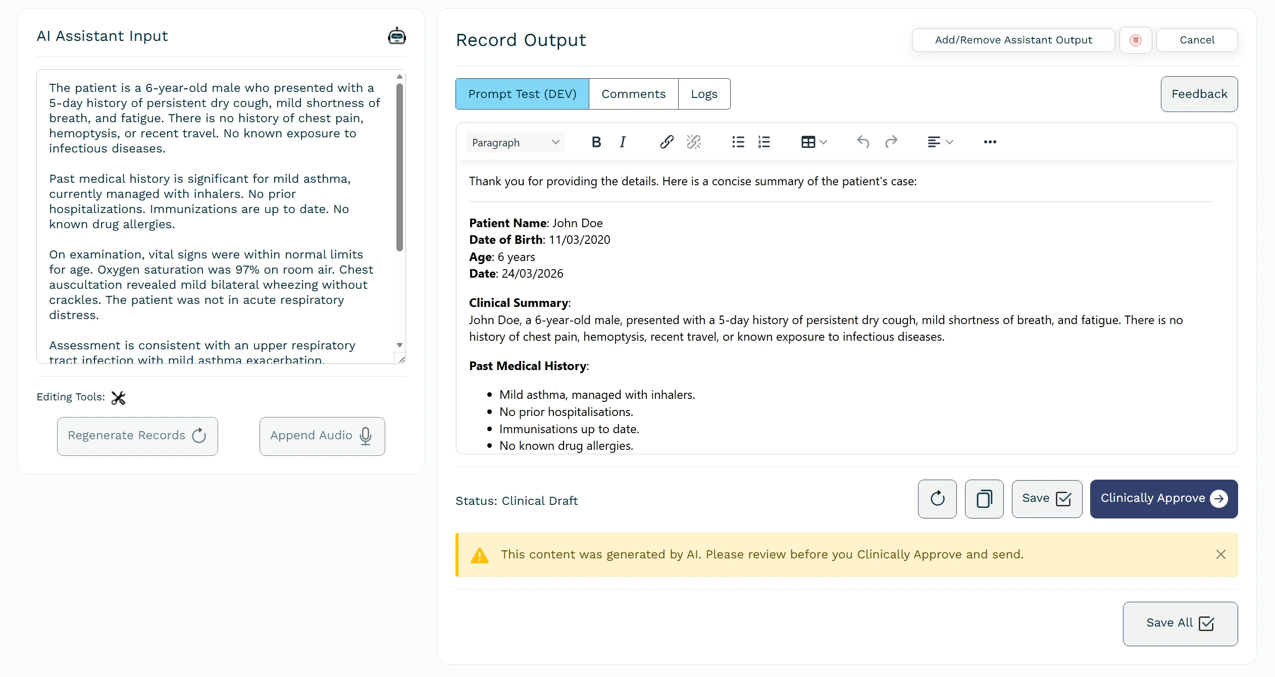 Letter page with Clinically approve button