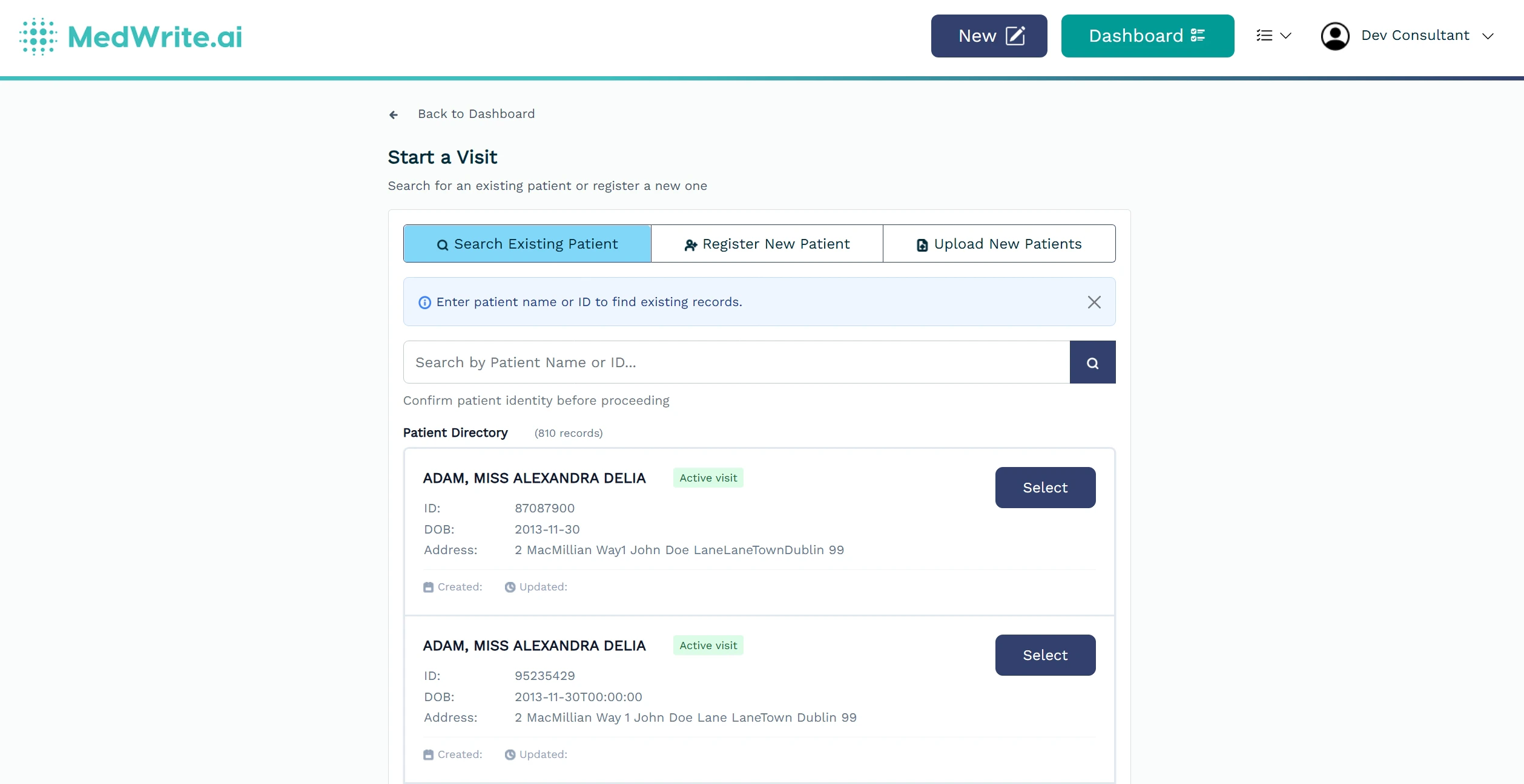Patient list table with columns