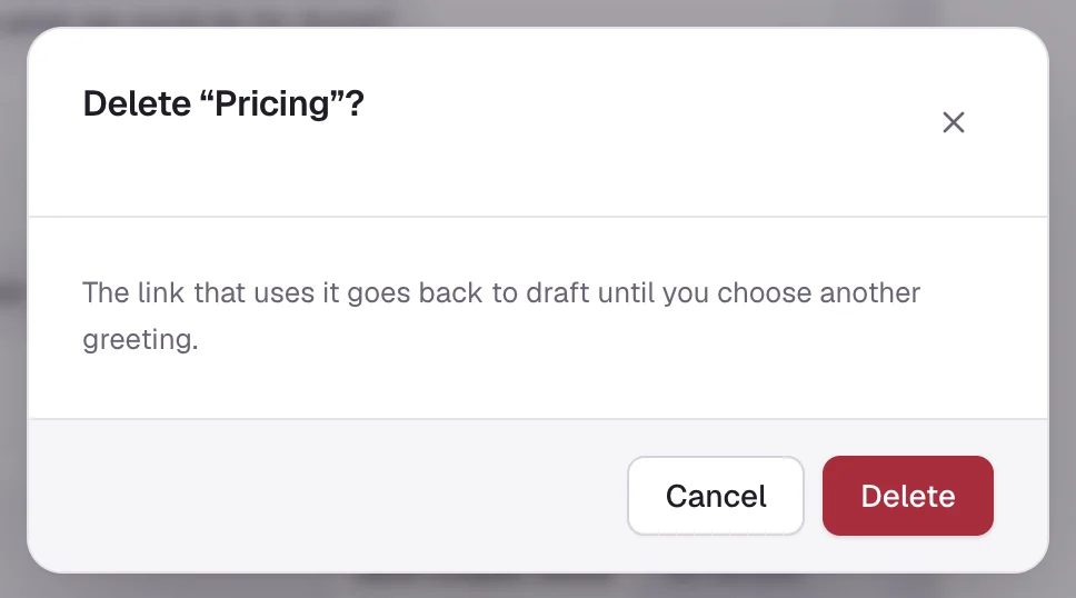 The Delete “Pricing”? dialog: The link that uses it goes back to draft until you choose another greeting. Cancel and Delete.