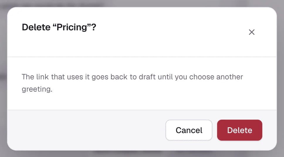 The Delete “Pricing”? dialog: The link that uses it goes back to draft until you choose another greeting. Cancel and Delete.