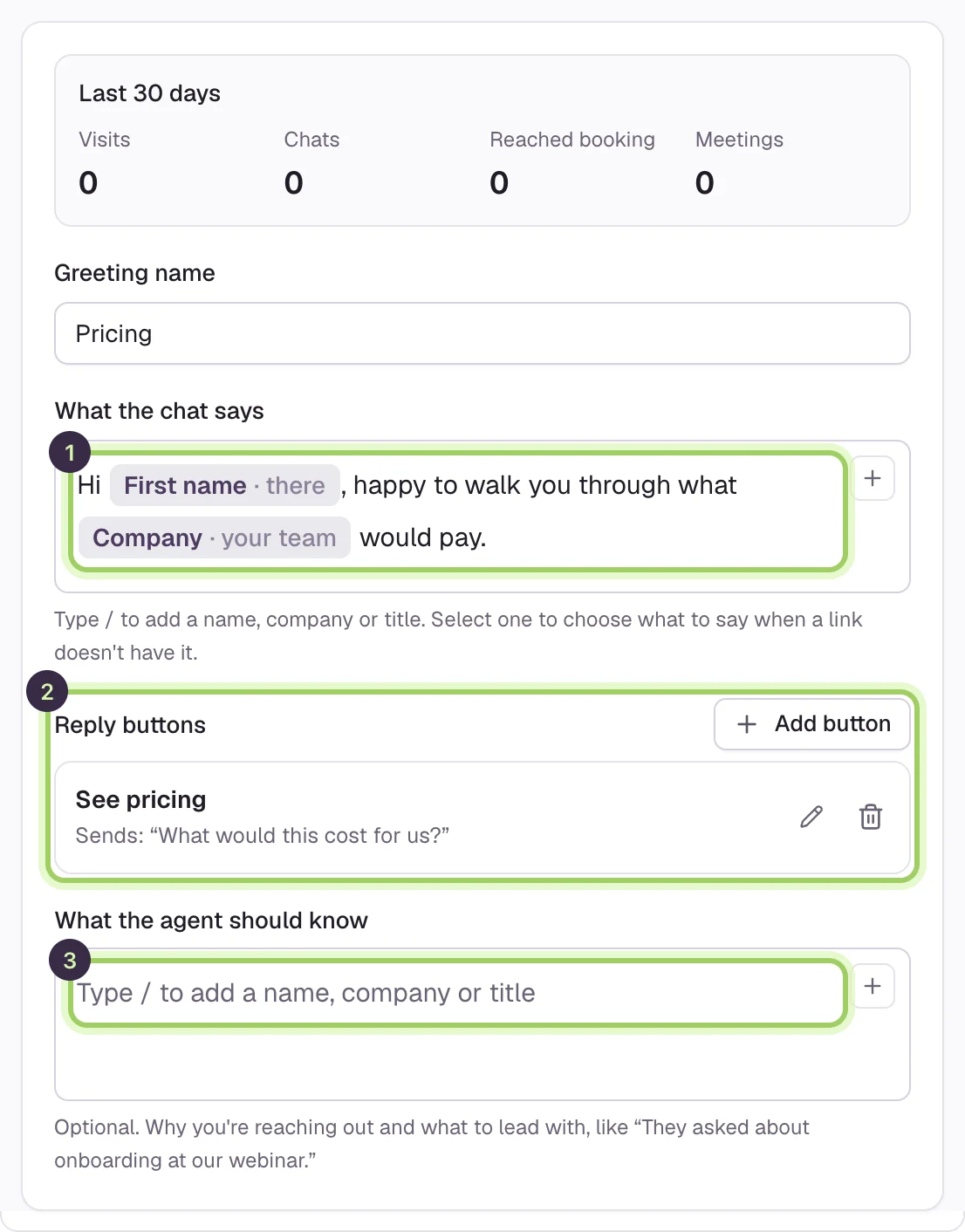 The Pricing greeting open: Last 30 days results, Greeting name, What the chat says reading Hi First name, happy to walk you through what Company would pay, marked 1, Reply buttons with See pricing, marked 2, and an empty What the agent should know, marked 3.