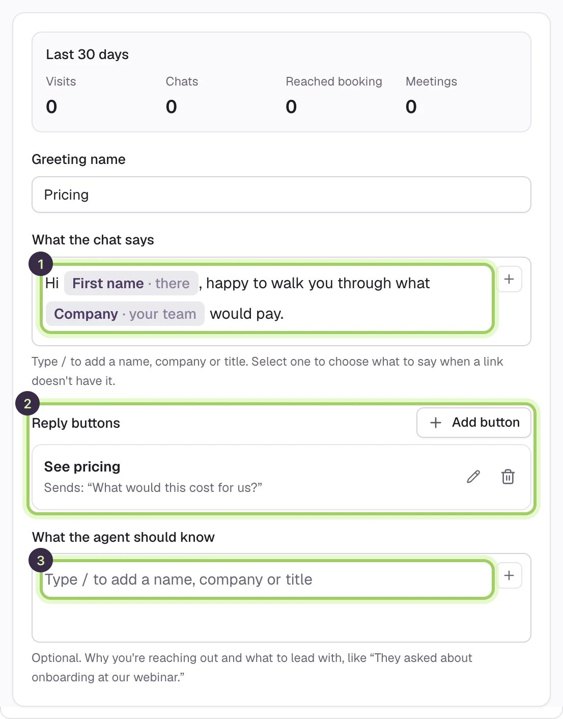 The Pricing greeting open: Last 30 days results, Greeting name, What the chat says reading Hi First name, happy to walk you through what Company would pay, marked 1, Reply buttons with See pricing, marked 2, and an empty What the agent should know, marked 3.