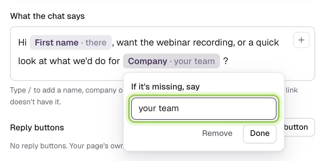 The Company pill selected, with a box under it reading If it's missing, say, set to your team, marked. Remove and Done are below it.