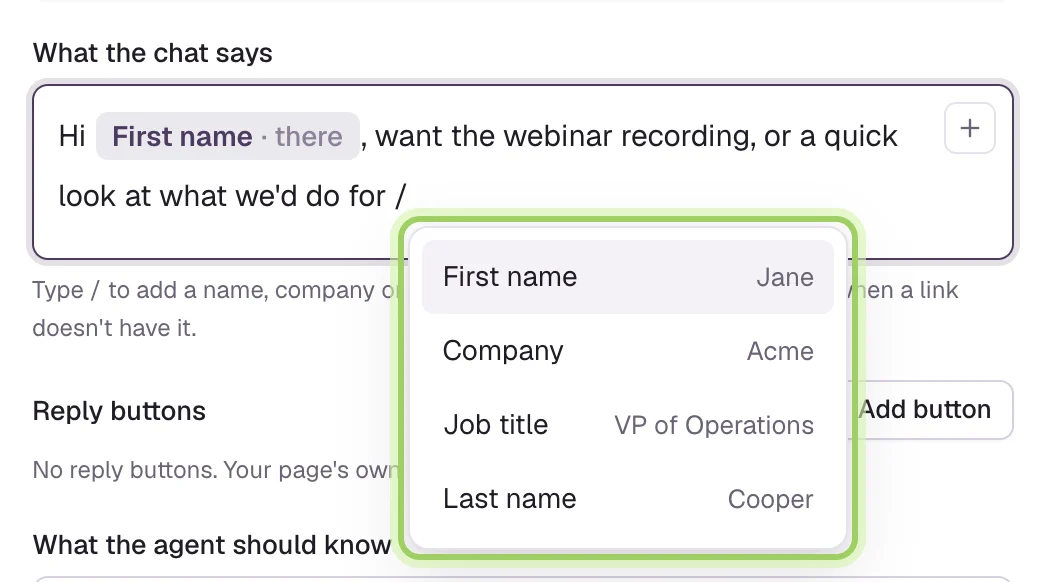 What the chat says with a First name pill and the text want the webinar recording, or a quick look at what we'd do for. Typing a slash opened a menu of First name, Company, Job title and Last name, which is marked.