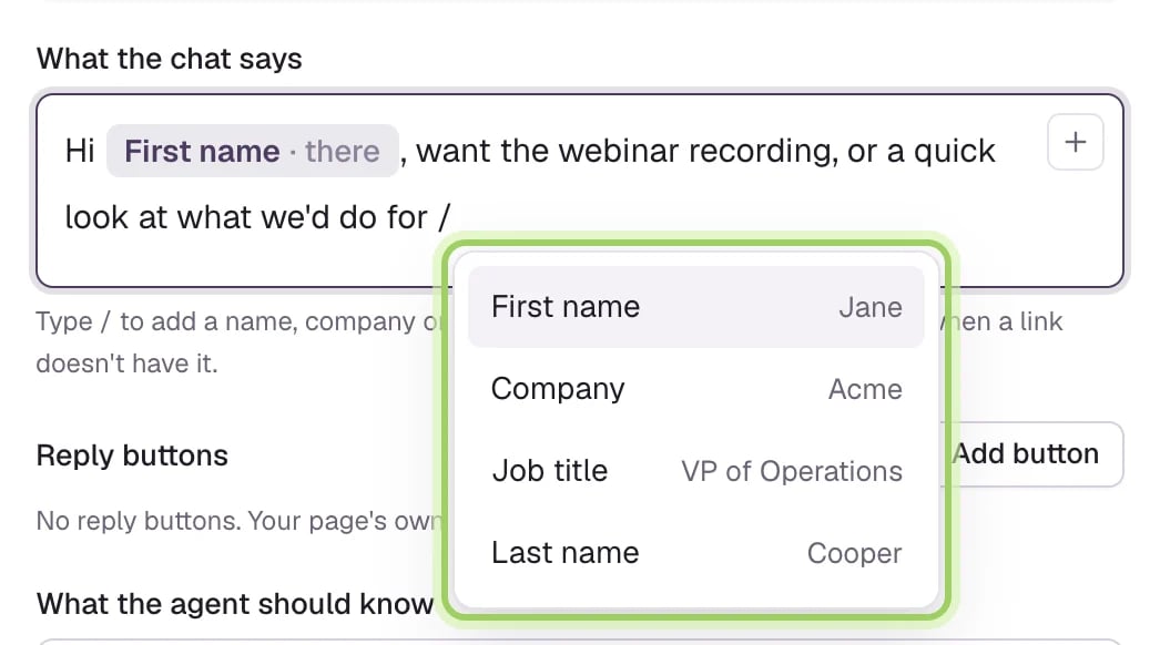 What the chat says with a First name pill and the text want the webinar recording, or a quick look at what we'd do for. Typing a slash opened a menu of First name, Company, Job title and Last name, which is marked.