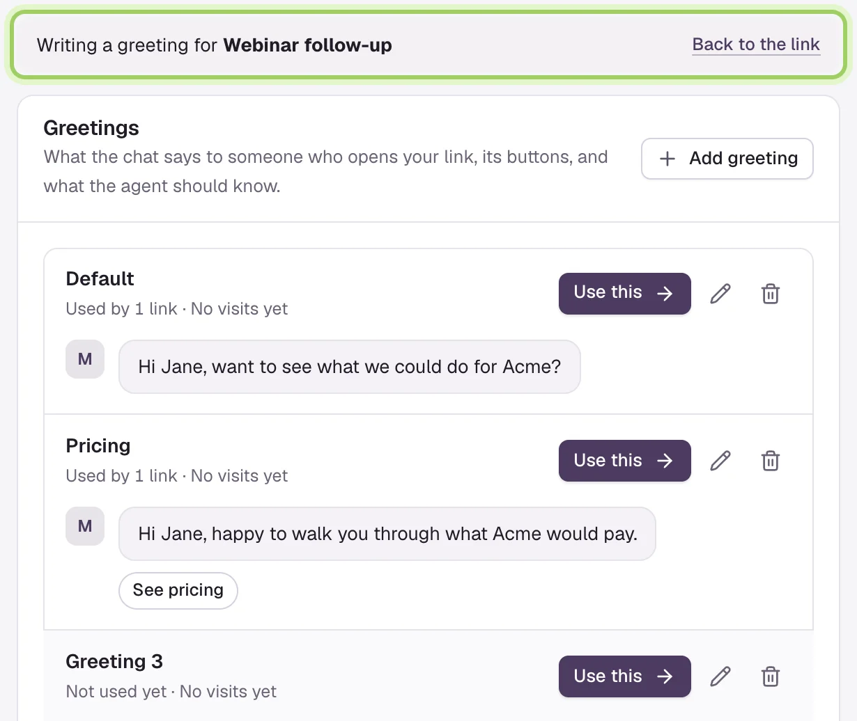 The bar reading Writing a greeting for Webinar follow-up, with Back to the link, marked. Below, the Greetings card with Default, Pricing and the new Greeting 3, each with a Use this button.