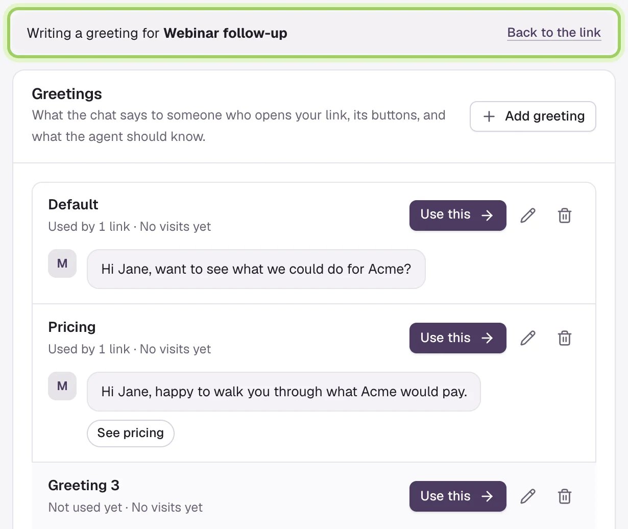 The bar reading Writing a greeting for Webinar follow-up, with Back to the link, marked. Below, the Greetings card with Default, Pricing and the new Greeting 3, each with a Use this button.