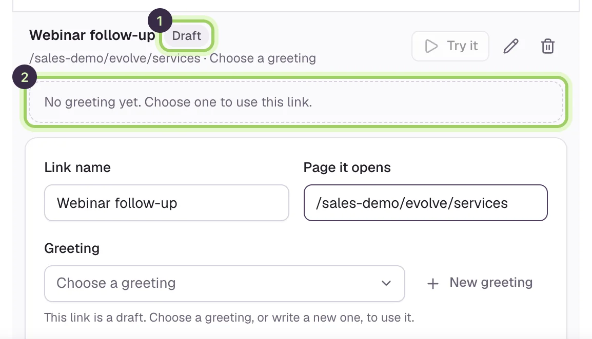 A new link named Webinar follow-up with the Draft badge marked 1 and a dashed box reading No greeting yet. Choose one to use this link, marked 2. Below, the Link name, Page it opens and Greeting fields.