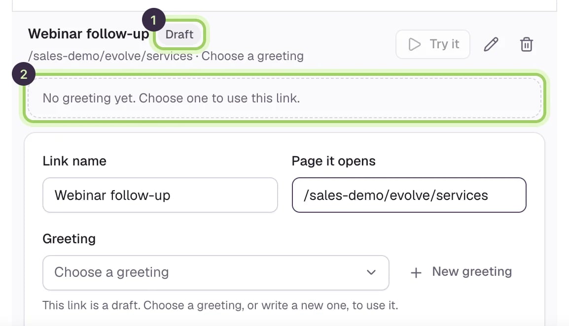 A new link named Webinar follow-up with the Draft badge marked 1 and a dashed box reading No greeting yet. Choose one to use this link, marked 2. Below, the Link name, Page it opens and Greeting fields.