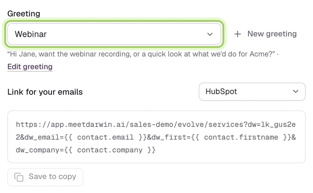 The Greeting picker set to Webinar, marked, with the filled greeting and Edit greeting below. Under Link for your emails, HubSpot and the link, with the copy button reading Save to copy.