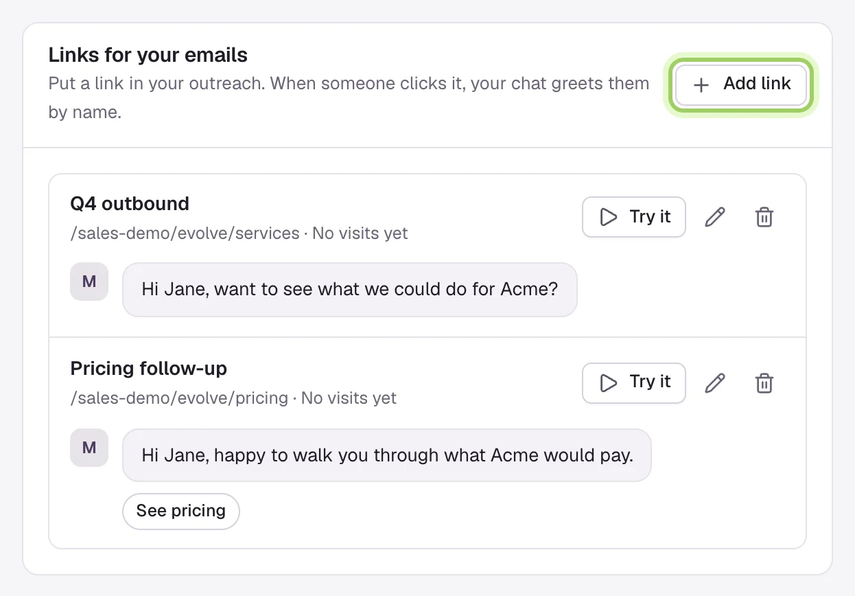 The Links for your emails card with two links, Q4 outbound and Pricing follow-up. Each row has Try it, edit and delete, and the greeting below it; Pricing follow-up also shows its See pricing button. Add link is marked.