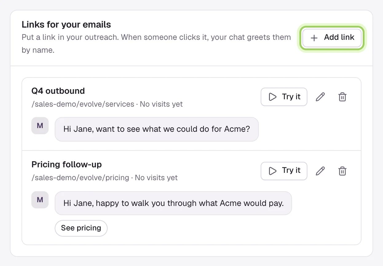 The Links for your emails card with two links, Q4 outbound and Pricing follow-up. Each row has Try it, edit and delete, and the greeting below it; Pricing follow-up also shows its See pricing button. Add link is marked.