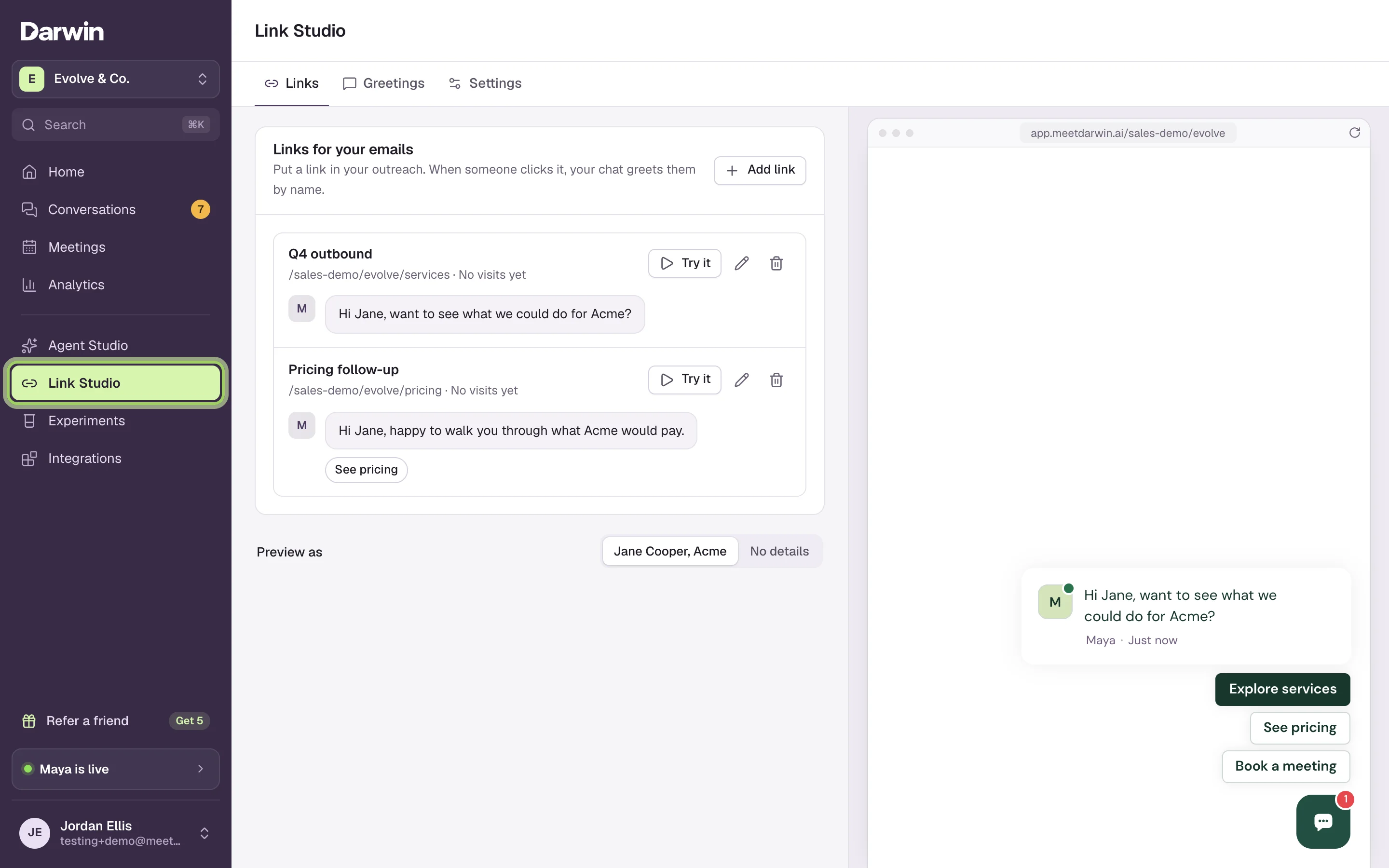 Link Studio on the Links tab: the Links for your emails card with Q4 outbound and Pricing follow-up, each showing its page, No visits yet and its greeting as a chat message. The chat preview on the right greets Jane by name. Link Studio is marked in the sidebar.
