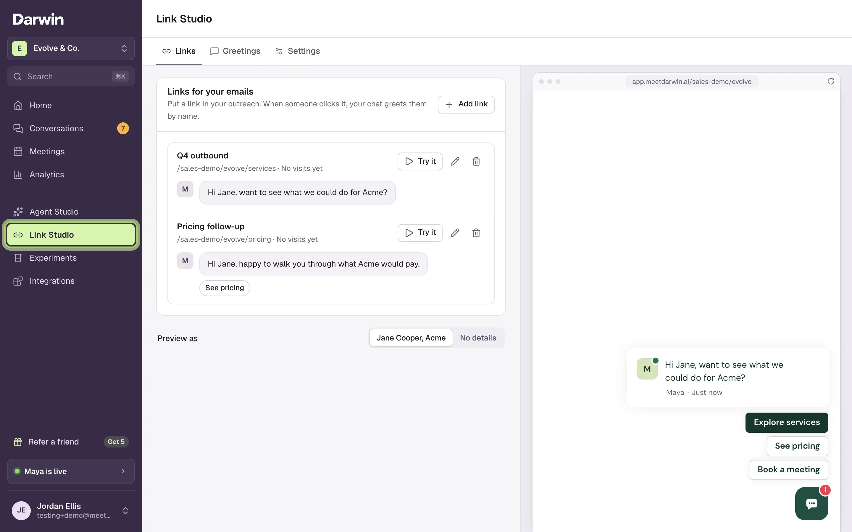 Link Studio on the Links tab: the Links for your emails card with Q4 outbound and Pricing follow-up, each showing its page, No visits yet and its greeting as a chat message. The chat preview on the right greets Jane by name. Link Studio is marked in the sidebar.