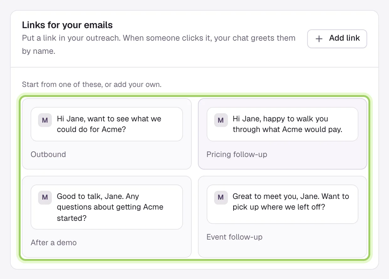 The Links for your emails card with no links yet, reading Start from one of these, or add your own, and four starters marked: Outbound, Pricing follow-up, After a demo and Event follow-up, each with its greeting filled in for Jane at Acme.