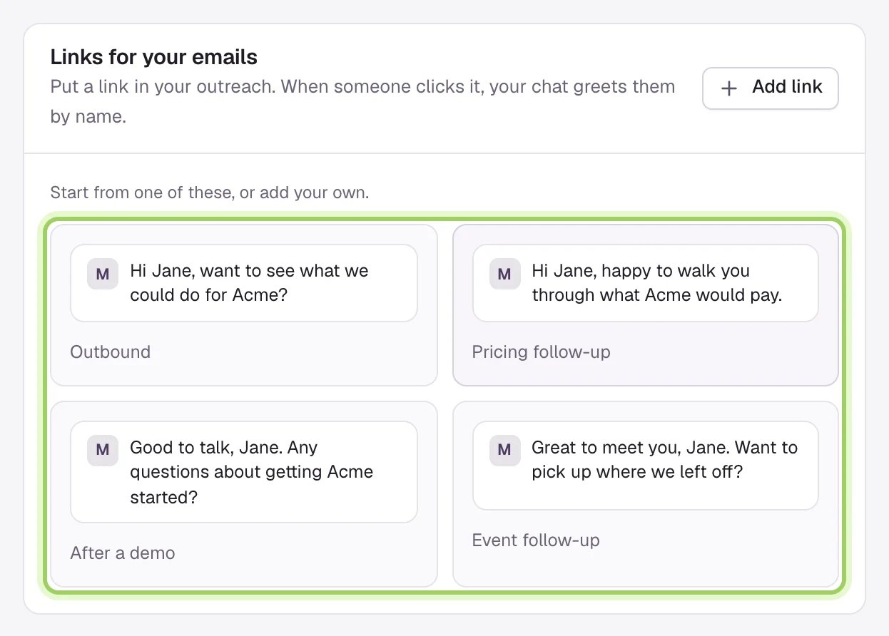 The Links for your emails card with no links yet, reading Start from one of these, or add your own, and four starters marked: Outbound, Pricing follow-up, After a demo and Event follow-up, each with its greeting filled in for Jane at Acme.
