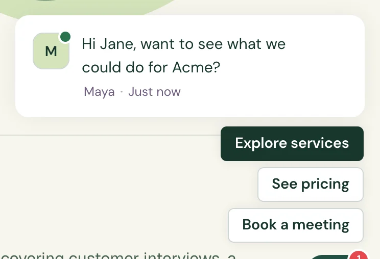 The chat's opening message on the website reading Hi Jane, want to see what we could do for Acme?, with the reply buttons Explore services, See pricing and Book a meeting.