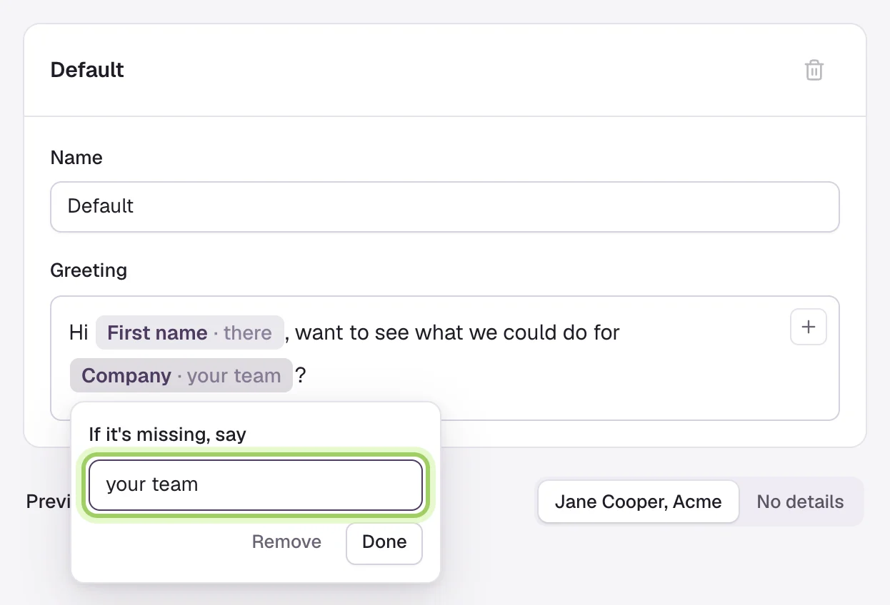 The Company pill selected, with a box under it reading If it's missing, say, set to your team. The box is marked.