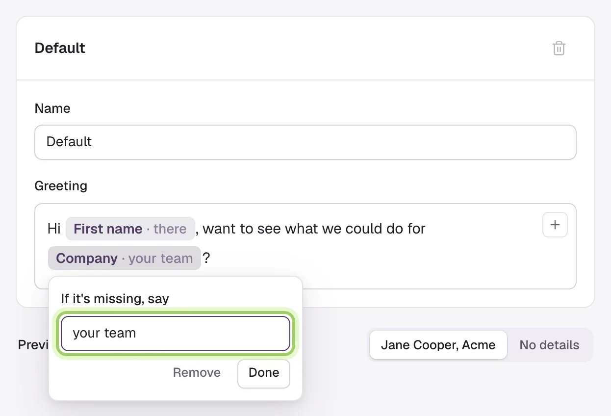 The Company pill selected, with a box under it reading If it's missing, say, set to your team. The box is marked.