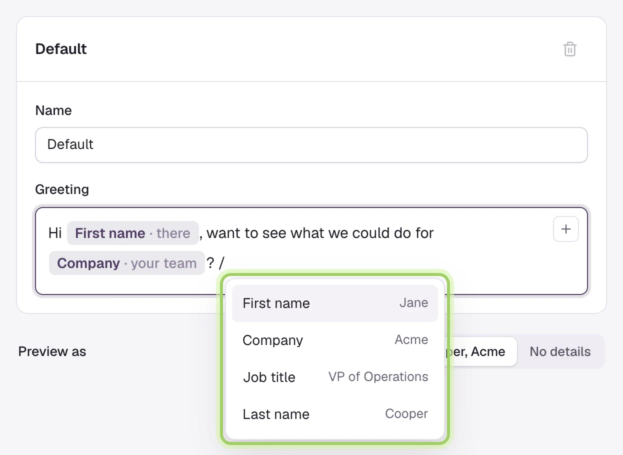 The Default greeting being edited, with First name and Company pills. Typing a slash opened a menu of First name, Company, Job title and Last name, which is marked.