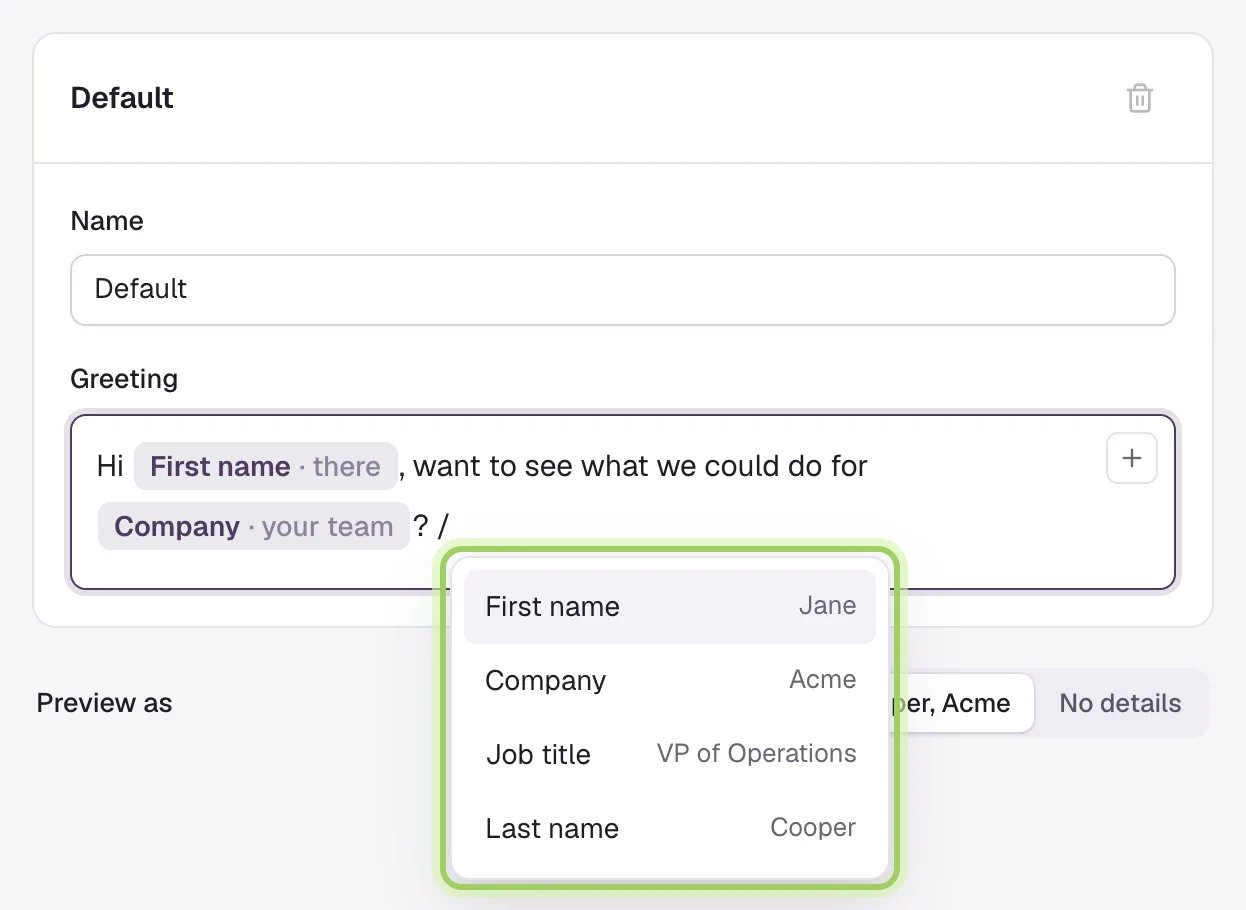 The Default greeting being edited, with First name and Company pills. Typing a slash opened a menu of First name, Company, Job title and Last name, which is marked.