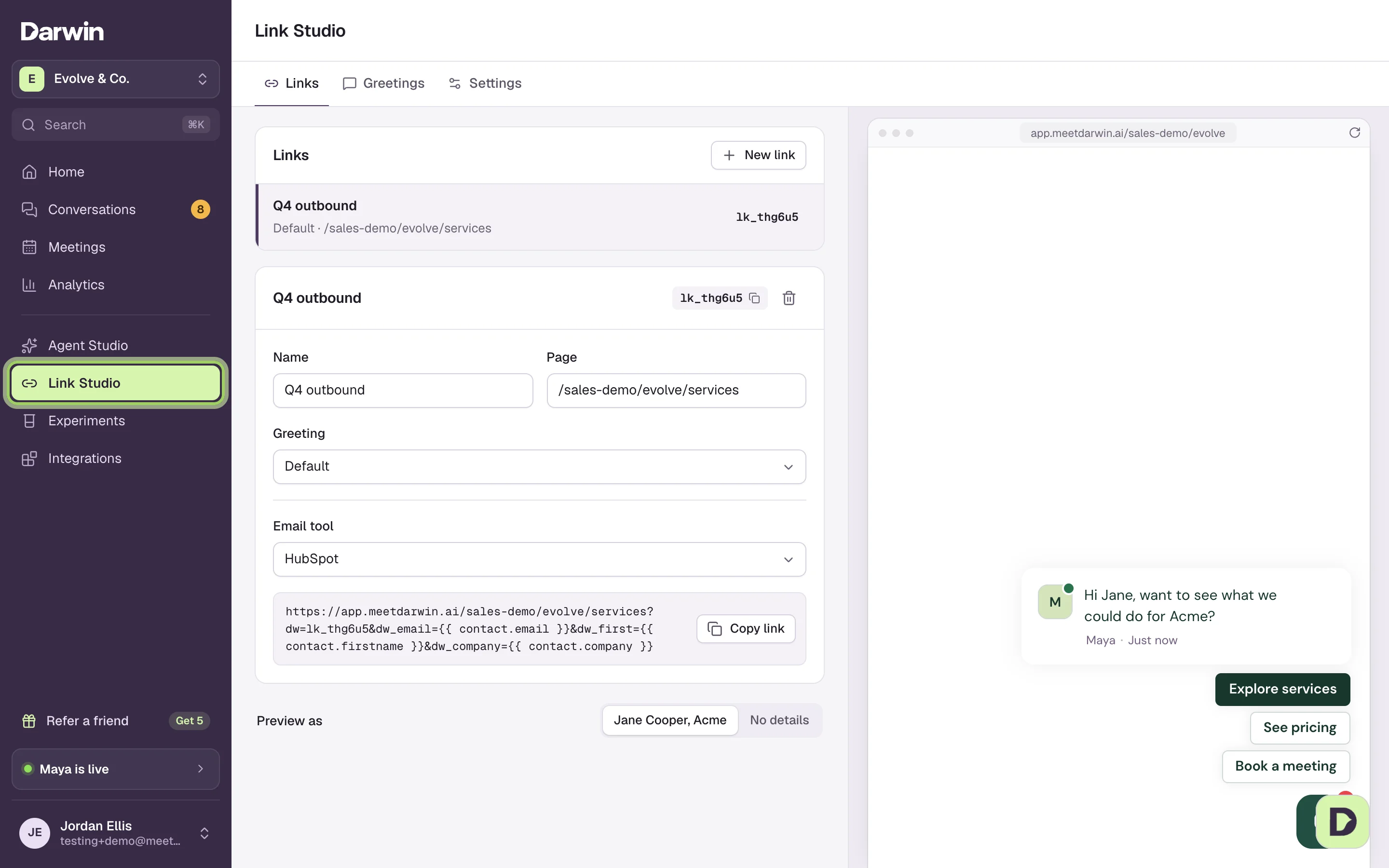 Link Studio on the Links tab: the Q4 outbound link with its Name, Page, Greeting and Email tool fields on the left, and the chat preview on the right greeting Jane by name. Link Studio is marked in the sidebar.
