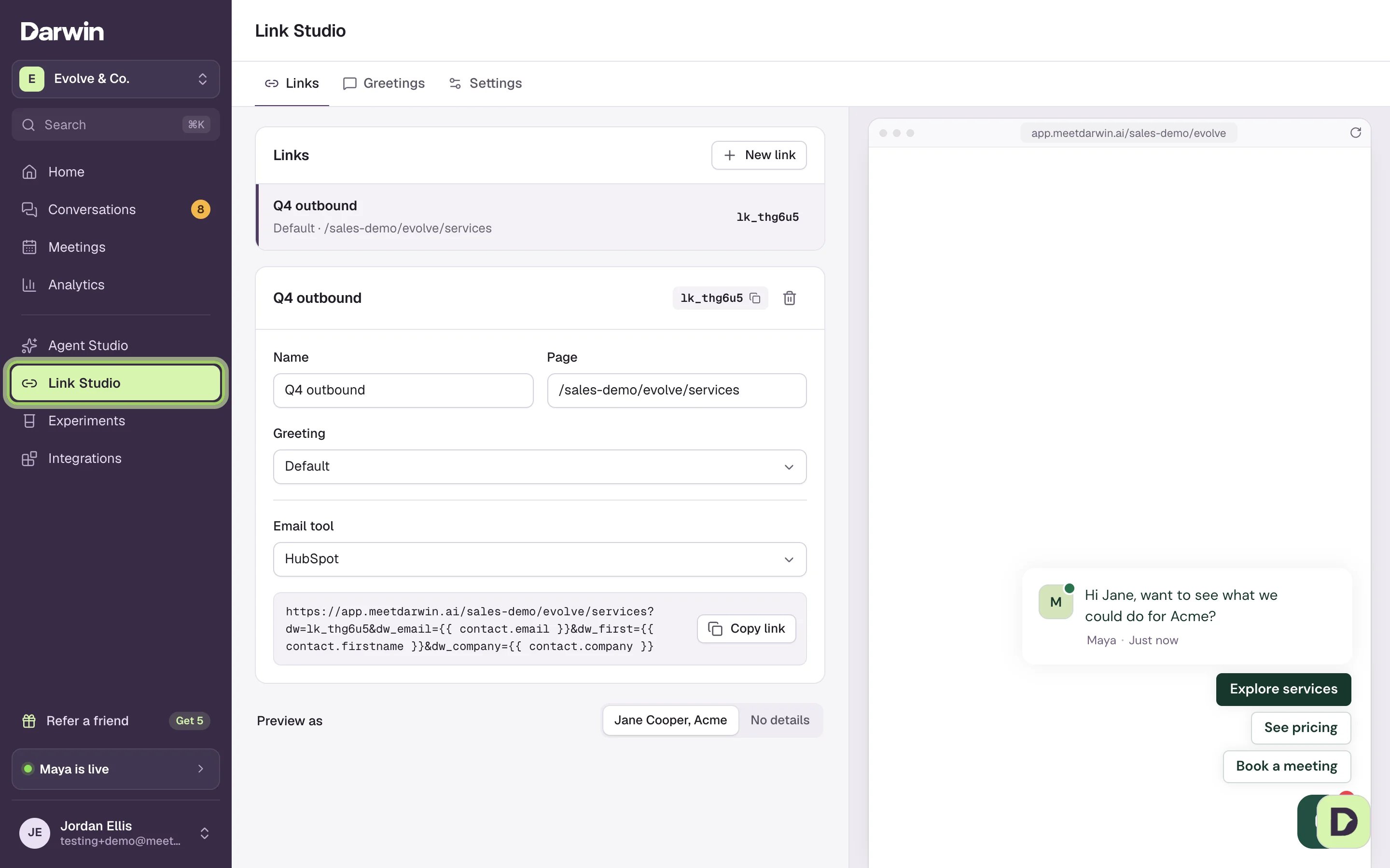Link Studio on the Links tab: the Q4 outbound link with its Name, Page, Greeting and Email tool fields on the left, and the chat preview on the right greeting Jane by name. Link Studio is marked in the sidebar.