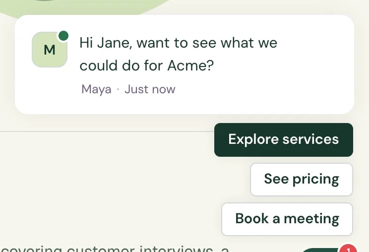 The chat's opening message on the website reading Hi Jane, want to see what we could do for Acme?, with the reply buttons Explore services, See pricing and Book a meeting.