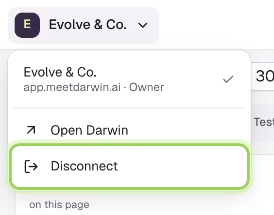 The workspace menu open: two workspaces with their website and role, Open Darwin, and Disconnect highlighted.