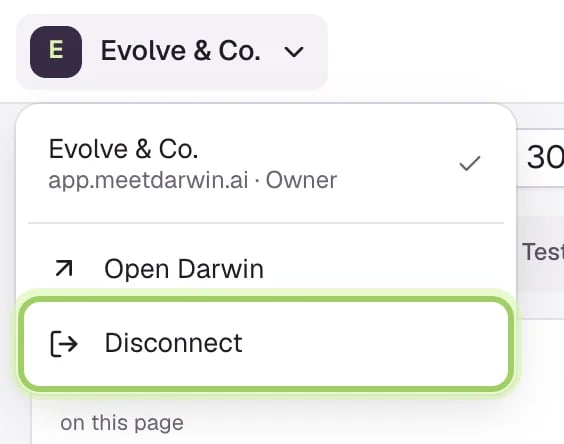 The workspace menu open: two workspaces with their website and role, Open Darwin, and Disconnect highlighted.