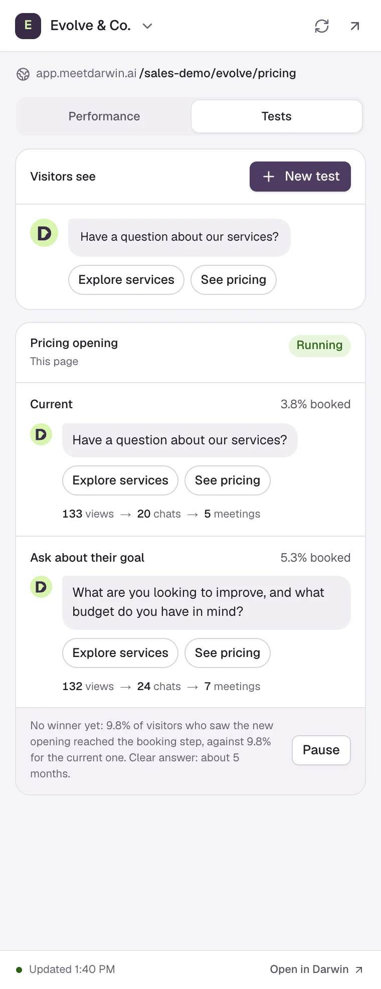 The Tests tab: Visitors see with the current opening and a New test button, then a page test in Learning with two openings and their views, chats and meetings, and a paused site-wide test shared across pages.
