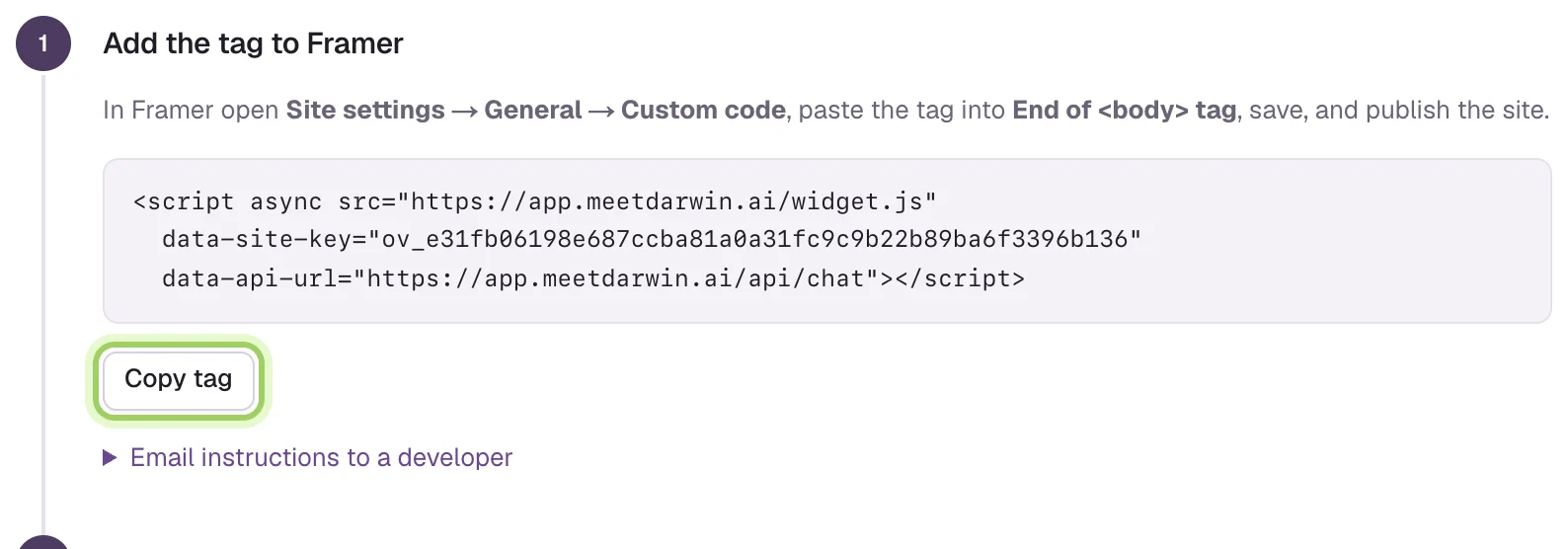 Step 1, Add the tag to Framer, with the site tag and the Copy tag button highlighted.