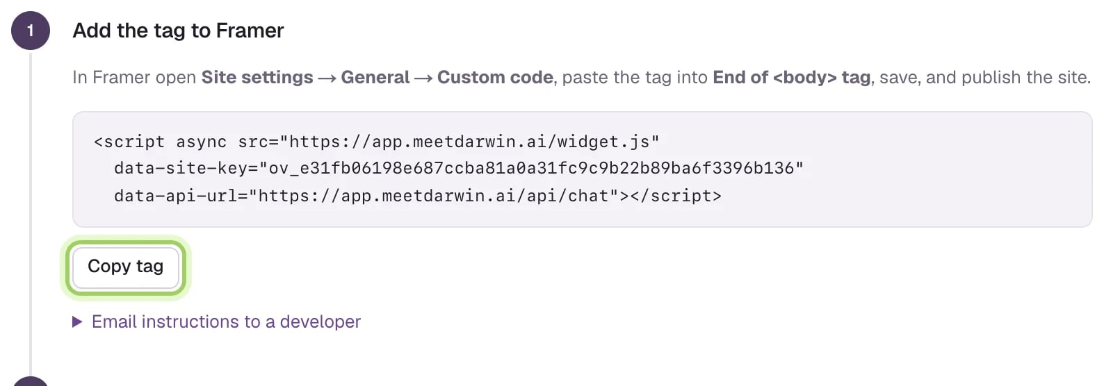 Step 1, Add the tag to Framer, with the site tag and the Copy tag button highlighted.