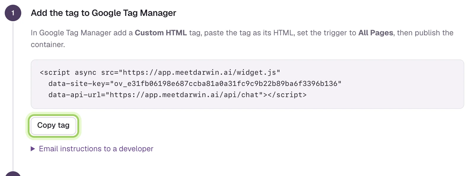 Step 1, Add the tag to Google Tag Manager, with the site tag and the Copy tag button highlighted.