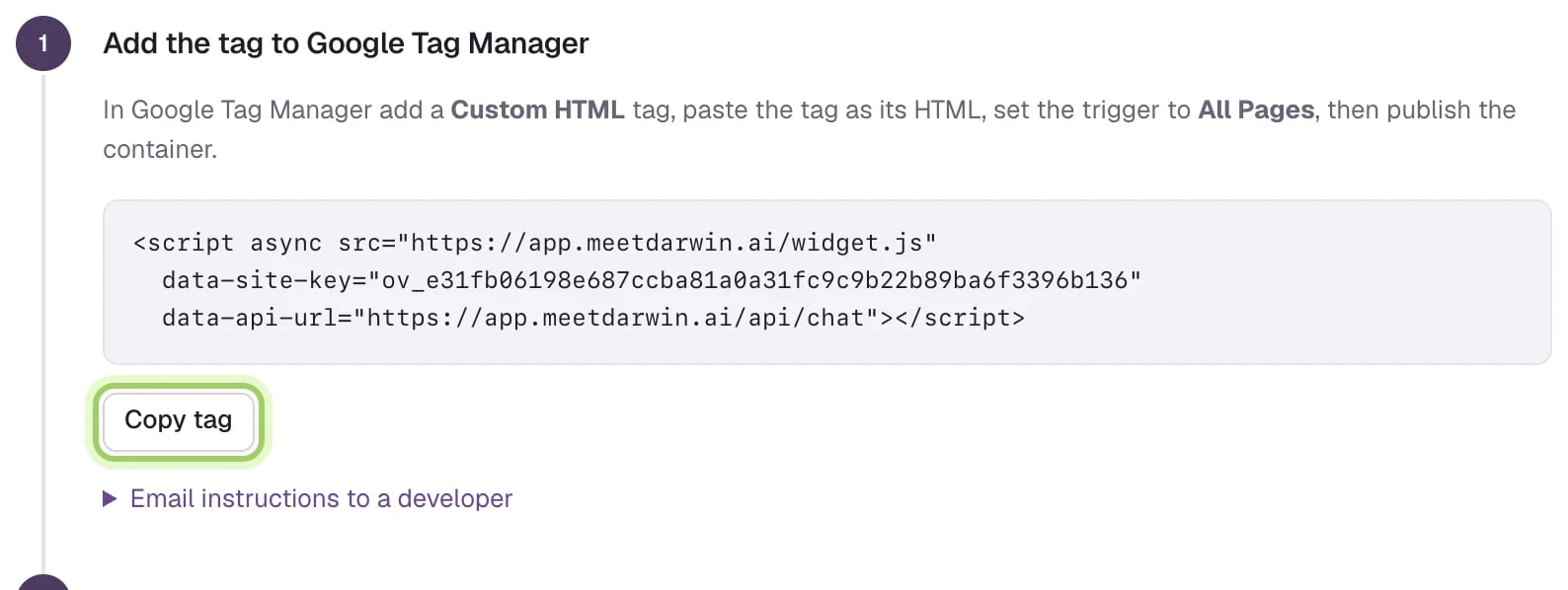 Step 1, Add the tag to Google Tag Manager, with the site tag and the Copy tag button highlighted.