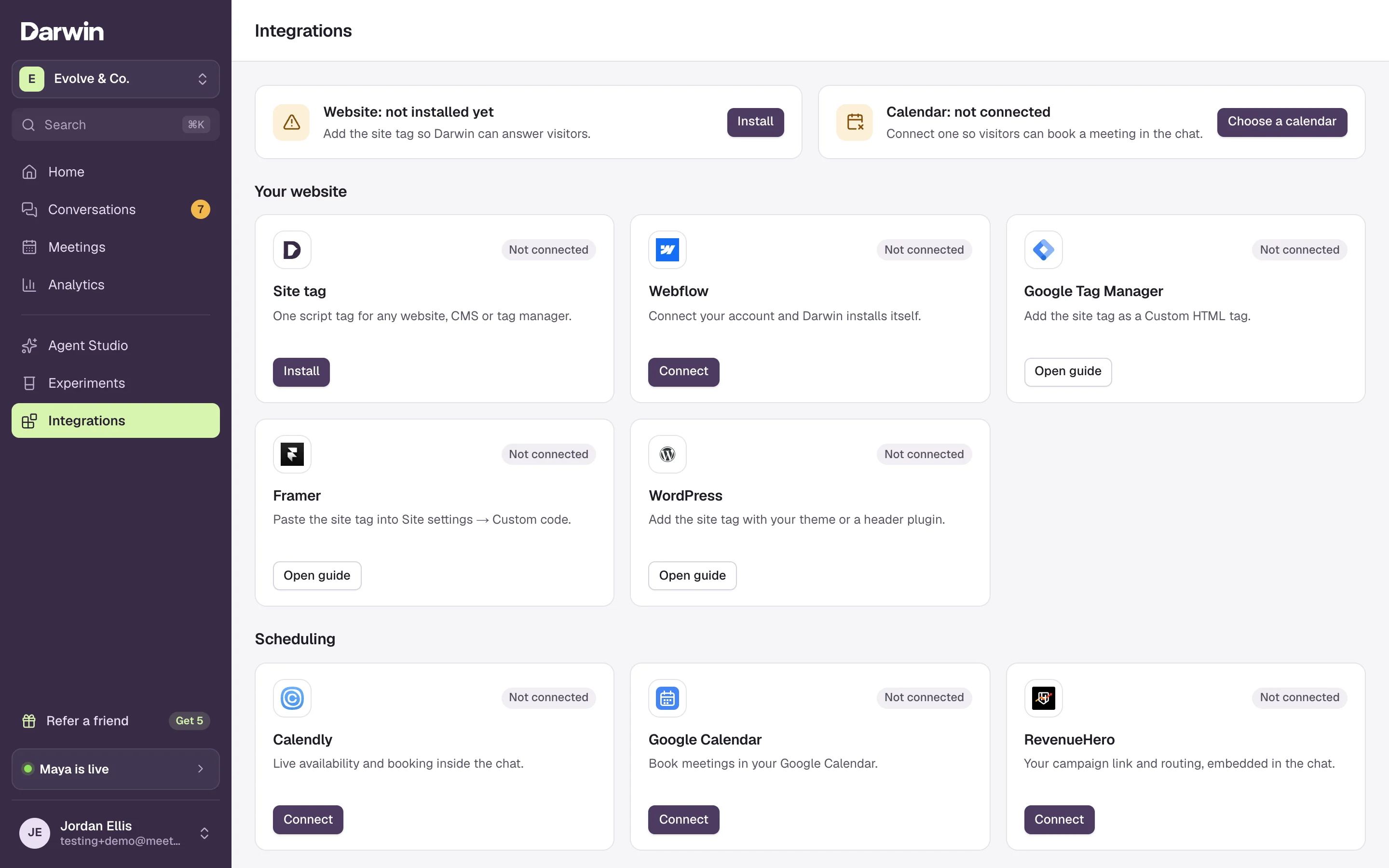 The Integrations screen. At the top, Website: not installed yet with an Install button, and Calendar: not connected with a Choose a calendar button. Below, the Your website cards: Site tag, Webflow, Google Tag Manager, Framer and WordPress, then the Scheduling cards: Calendly, Google Calendar and RevenueHero.