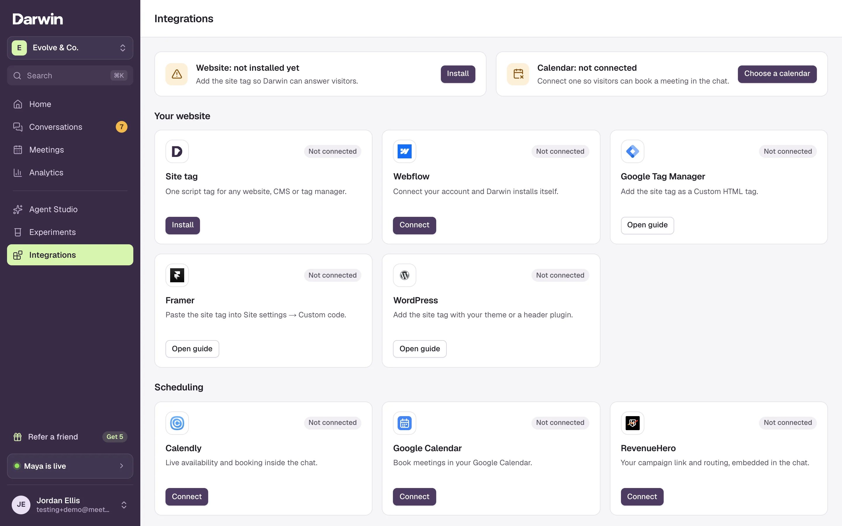 The Integrations screen. At the top, Website: not installed yet with an Install button, and Calendar: not connected with a Choose a calendar button. Below, the Your website cards: Site tag, Webflow, Google Tag Manager, Framer and WordPress, then the Scheduling cards: Calendly, Google Calendar and RevenueHero.