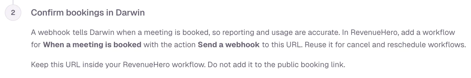 Step 2, Confirm bookings in Darwin, explaining the When a meeting is booked workflow with a Send a webhook action.
