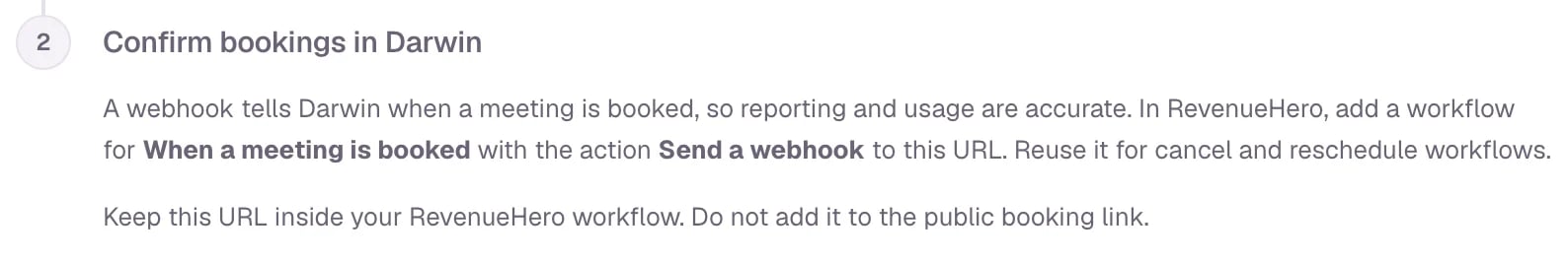 Step 2, Confirm bookings in Darwin, explaining the When a meeting is booked workflow with a Send a webhook action.