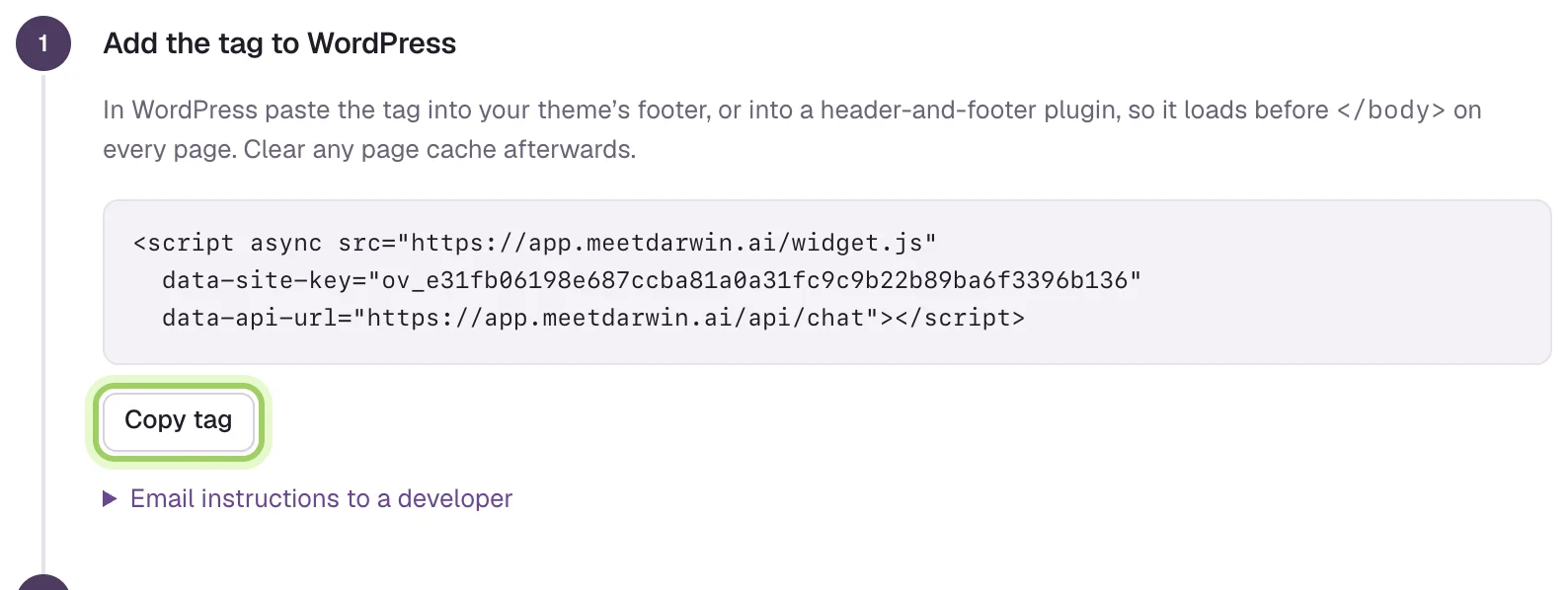 Step 1, Add the tag to WordPress, with the site tag and the Copy tag button highlighted.