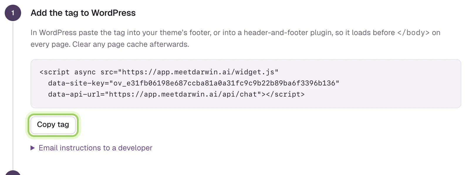 Step 1, Add the tag to WordPress, with the site tag and the Copy tag button highlighted.