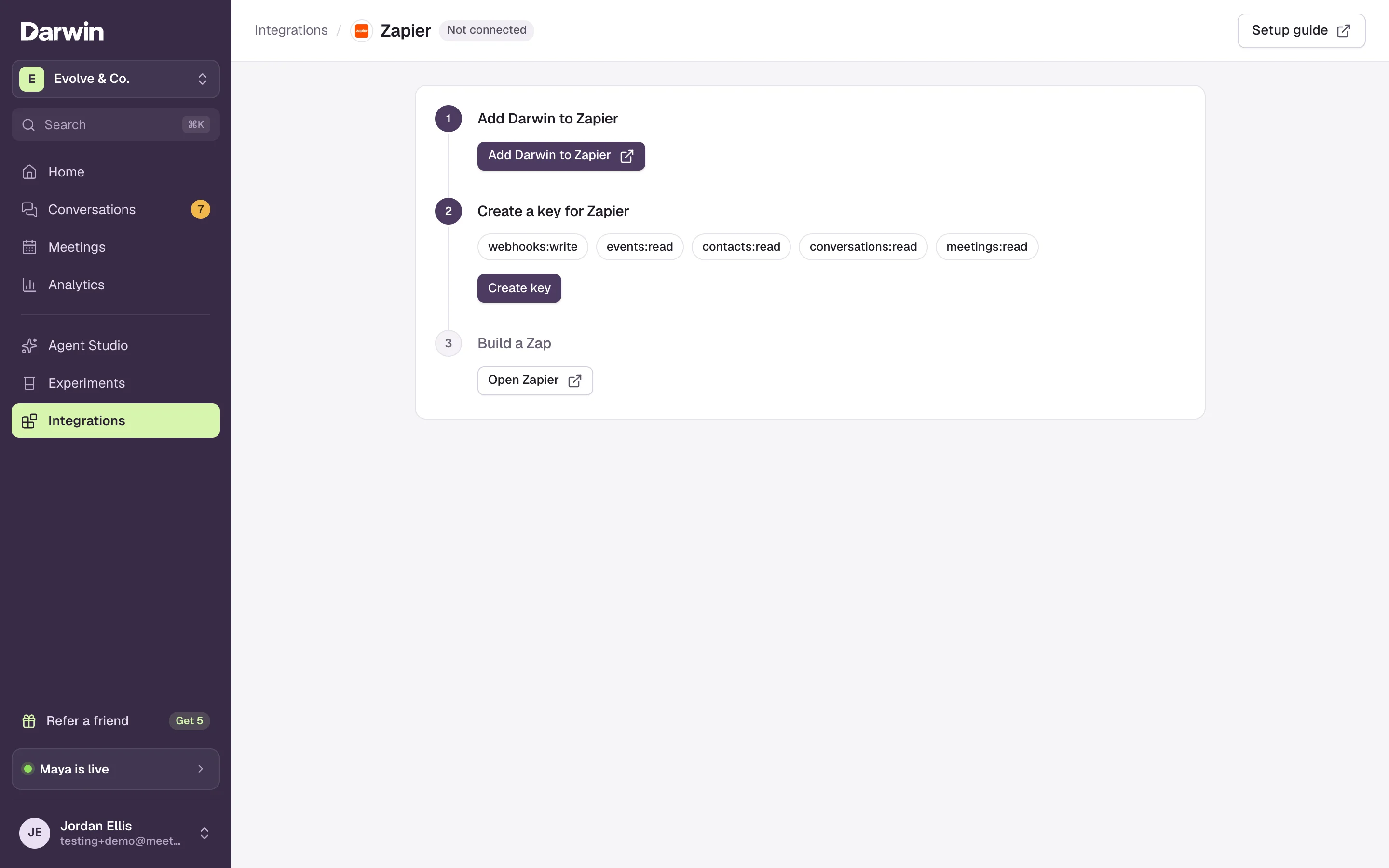The Zapier setup page with three steps: Add Darwin to Zapier, Create a key for Zapier and Build a Zap.