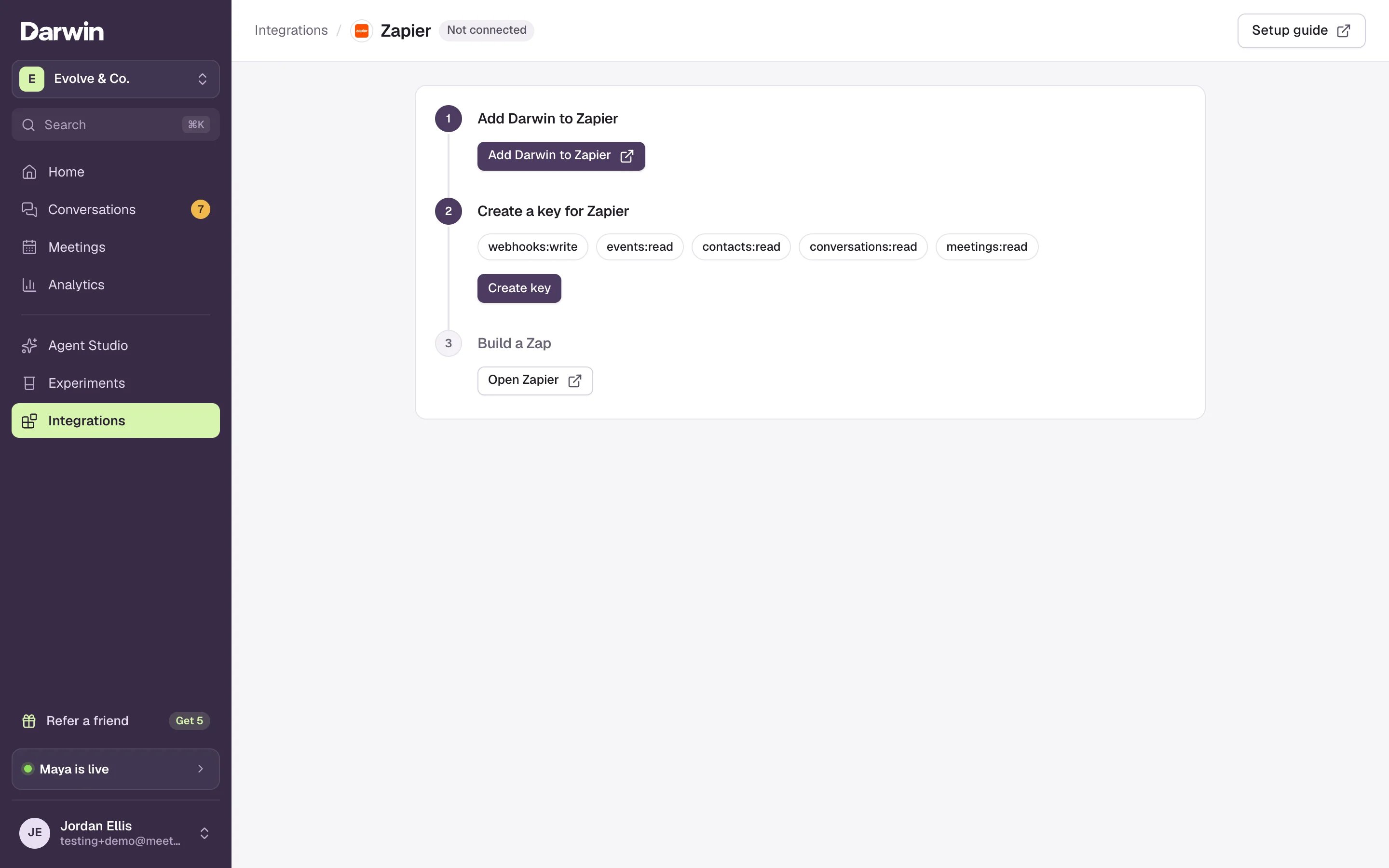 The Zapier setup page with three steps: Add Darwin to Zapier, Create a key for Zapier and Build a Zap.